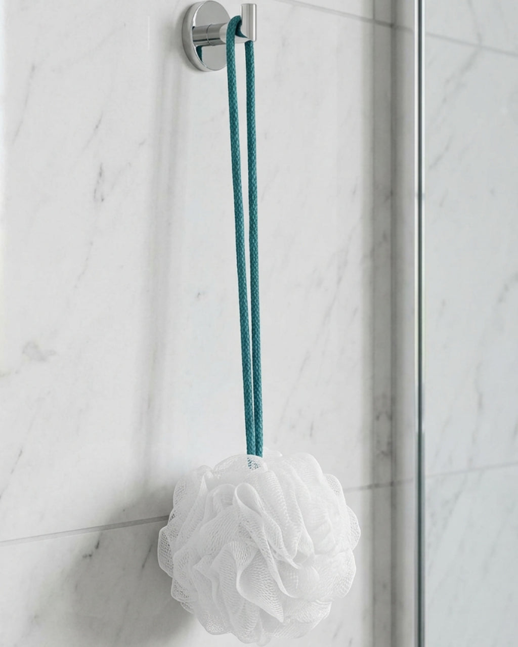 Yord Dense Mesh Bath Pouf 15 cm White with 35 cm Teal Cord - Lifestyle view