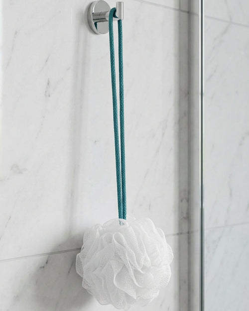 Yord Dense Mesh Bath Pouf 15 cm White with 35 cm Teal Cord - Lifestyle view