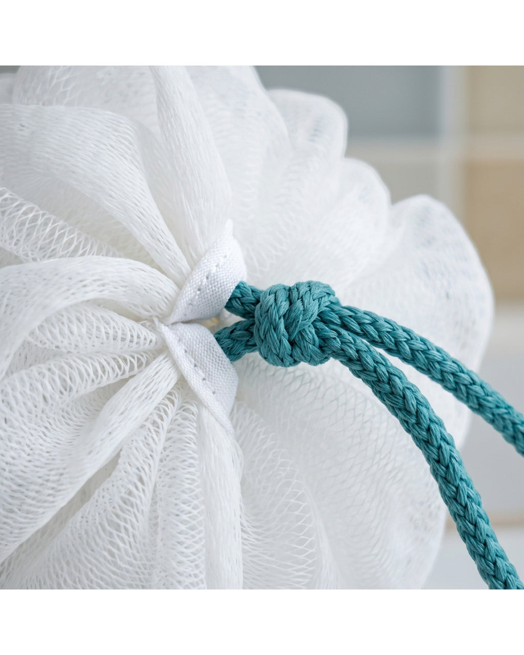 Yord Dense Mesh Bath Pouf 15 cm White with 35 cm Teal Cord - Detail view