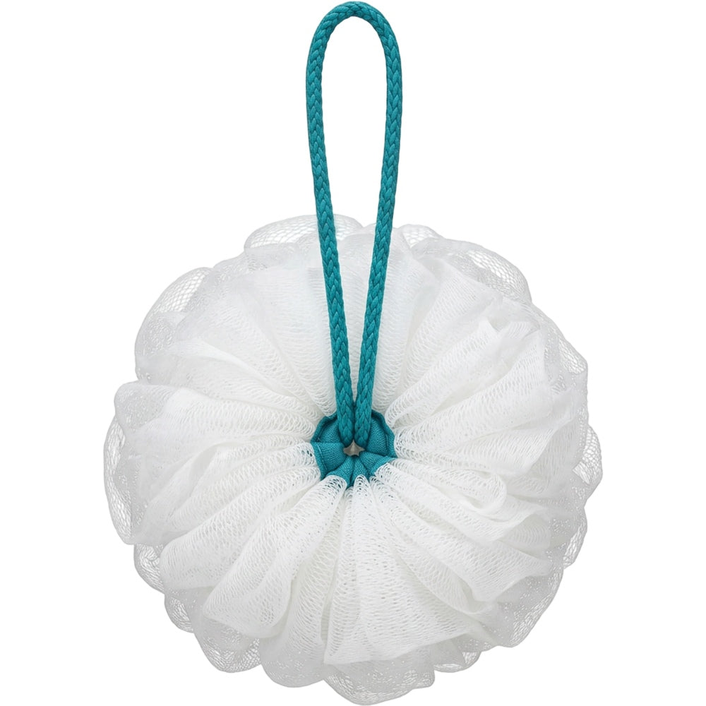 Yord Dense Mesh Bath Pouf 15 cm White with 35 cm Teal Cord - Product view