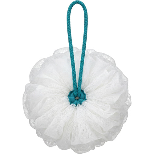 Yord Dense Mesh Bath Pouf 15 cm White with 35 cm Teal Cord - Product view